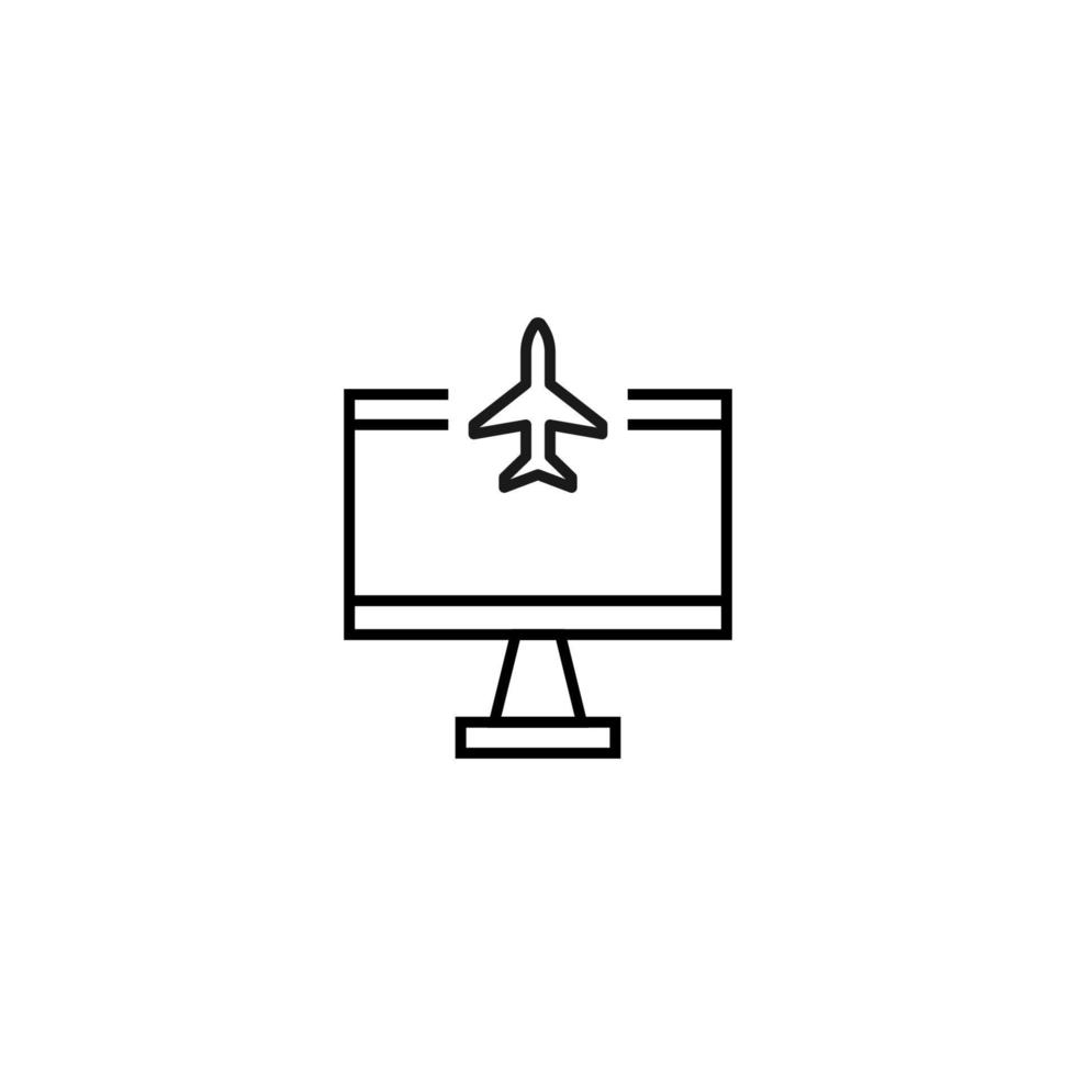 Monochrome sign drawn with black thin line. Perfect for internet resources, stores, books, shops, advertising. Vector icon of airplane inside of computer