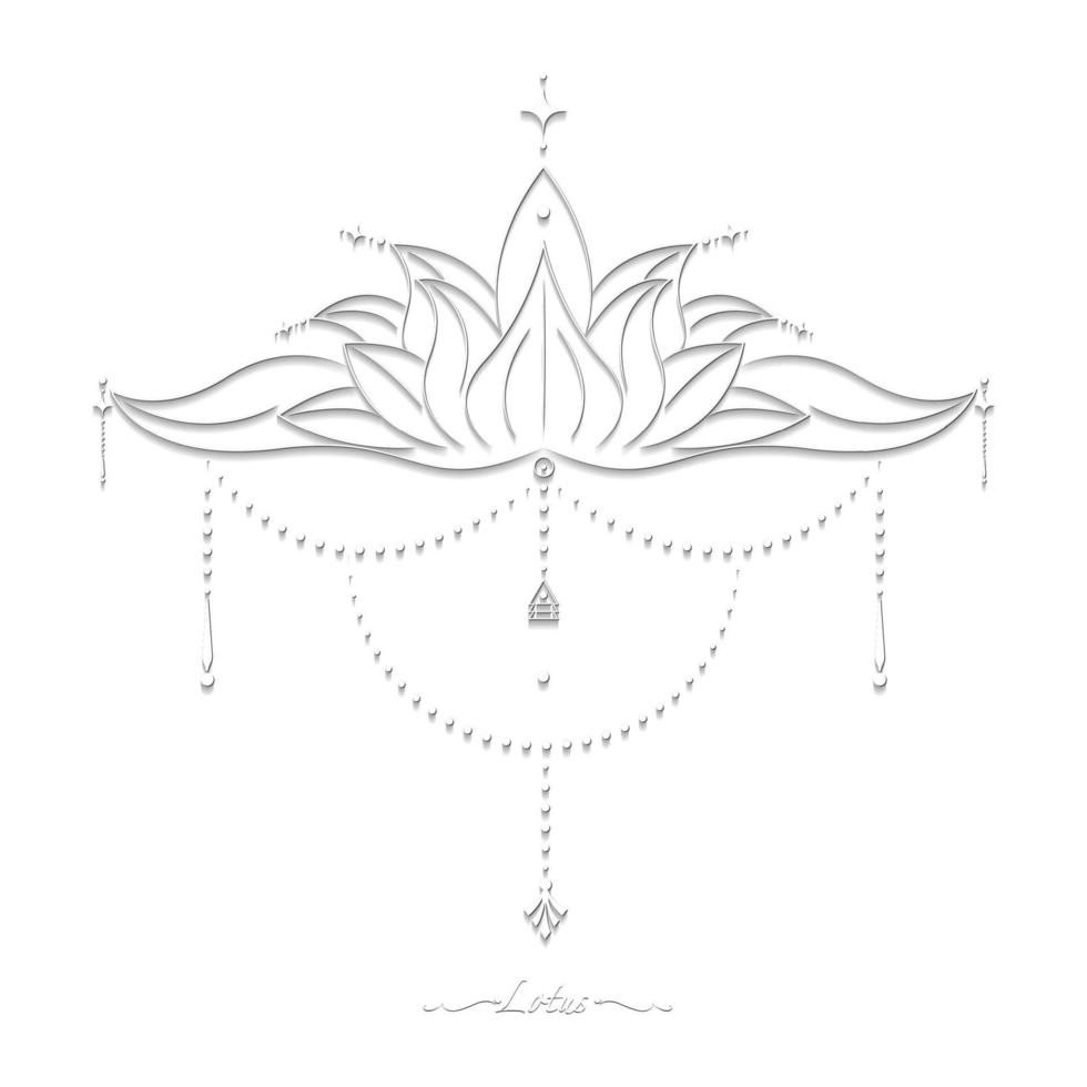 White Sacred Lotus flower, stylized floral ornament, line art logo, boho design. Flower blossom symbol of yoga, spa, beauty salon, cosmetics, relax, brand style. Vector isolated on white background