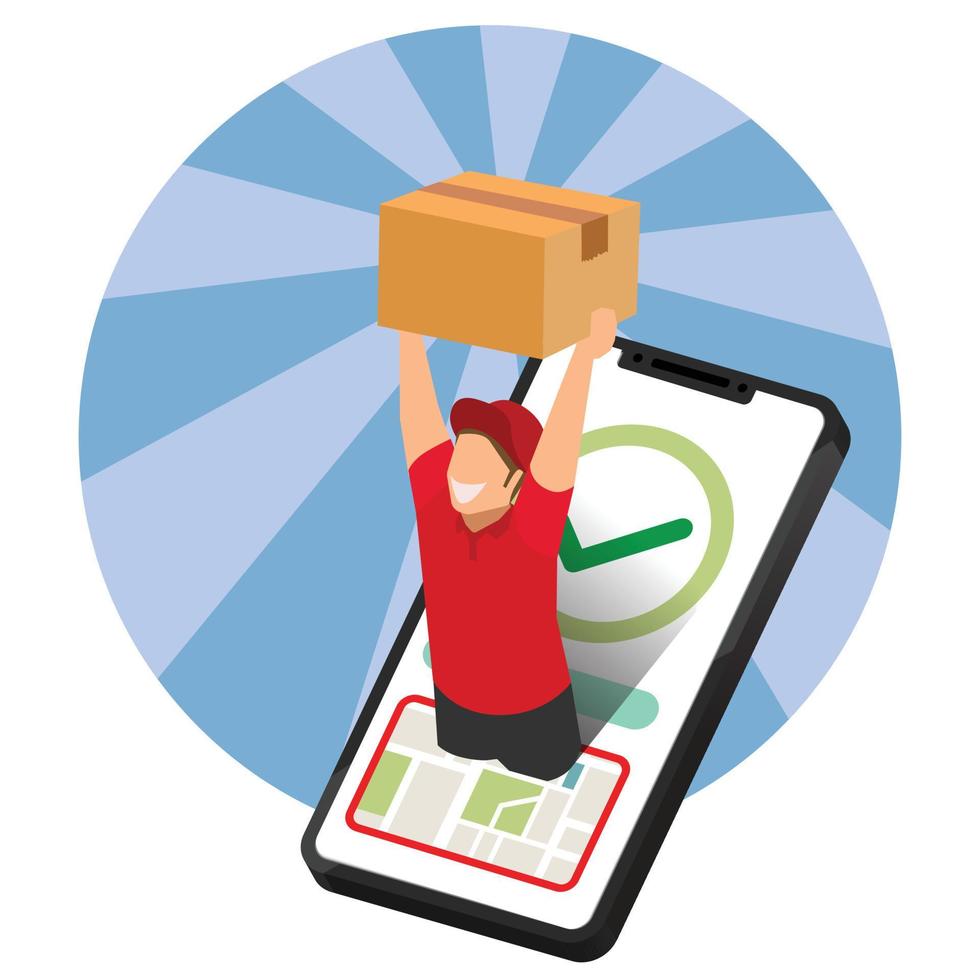 Delivery courier man holding Parcel Box with mobile phone. vector