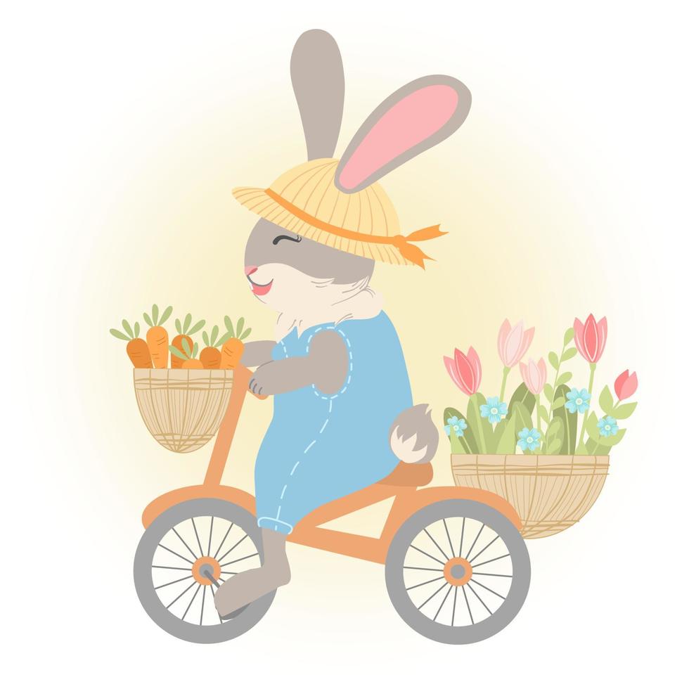 un lindo conejo con un mono azul monta una bicicleta con una cosecha de zanahorias y un ramo de flores. vector