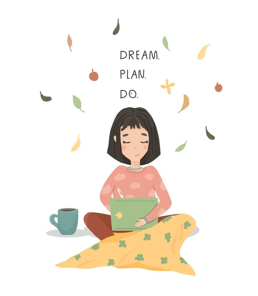 The girl is sitting with a tablet and a cup of coffee. The illustrator draws on a graphics tablet. Cozy illustration with girl for postcard, poster, flyer, web. vector