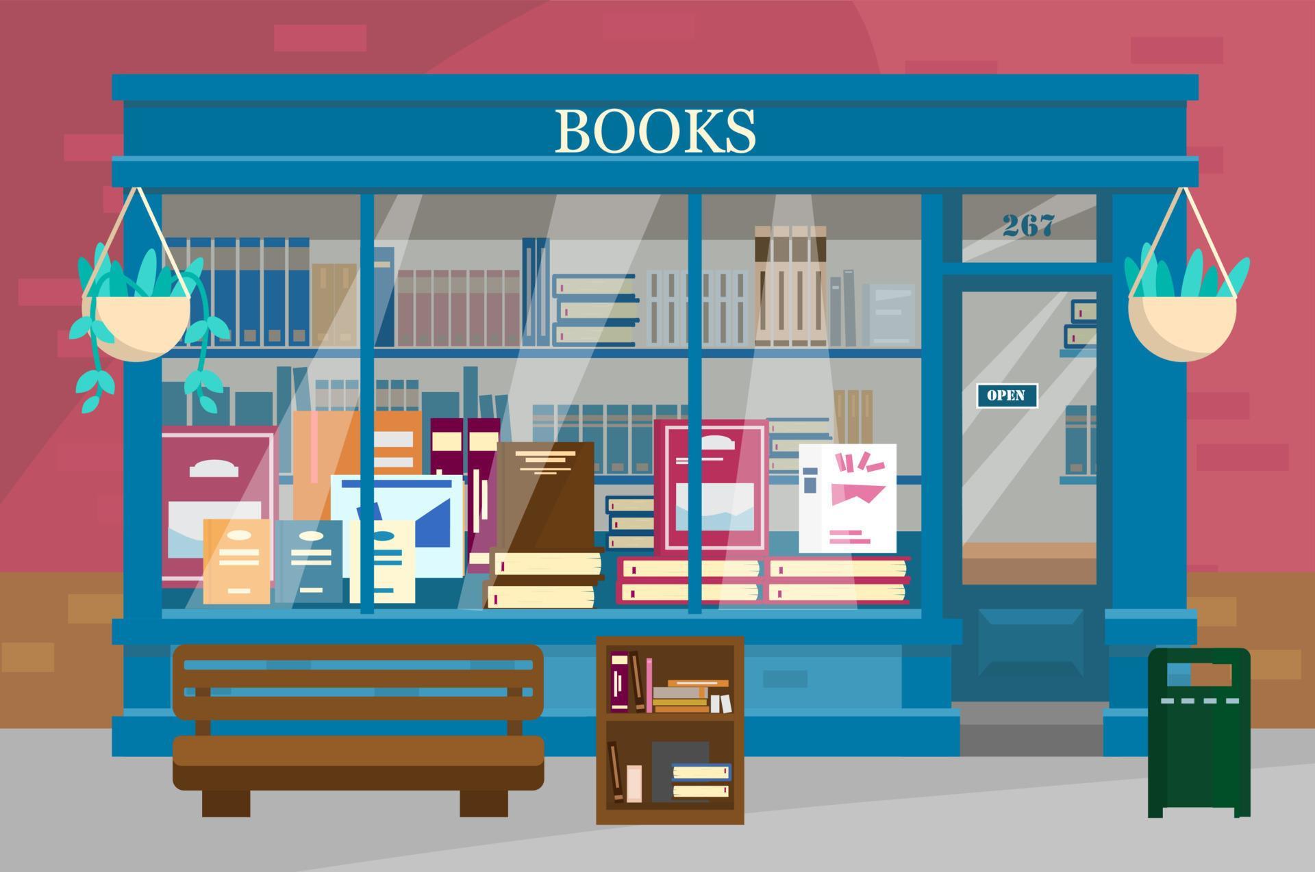 Vector illustration of book shop showcase with lots of books with bench