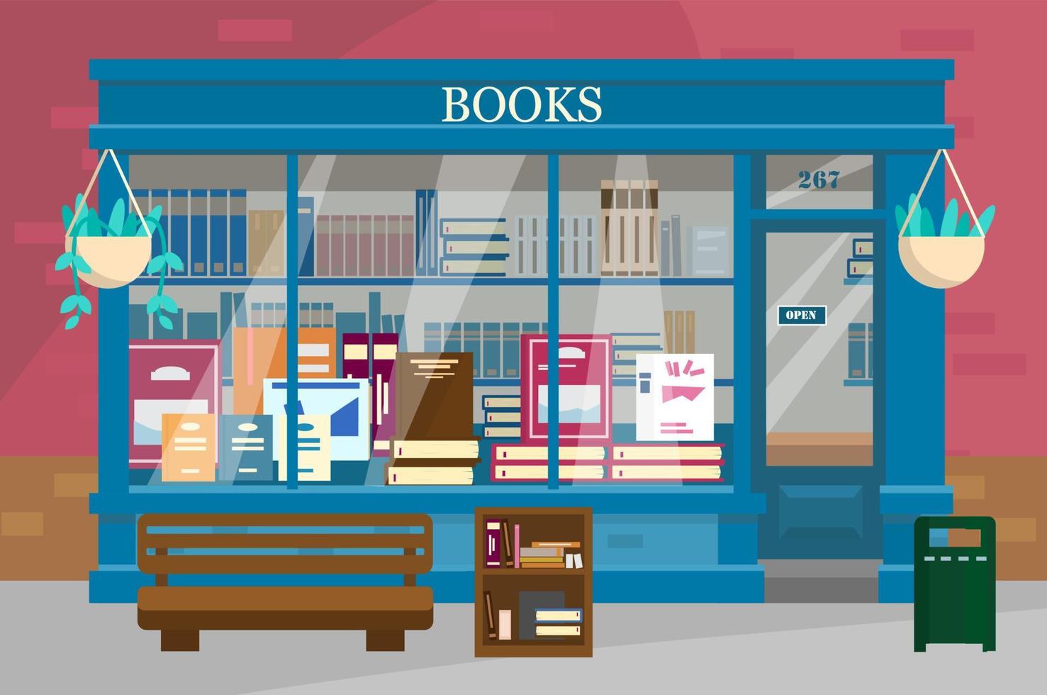 Vector illustration of book shop showcase with lots of books with bench and little bookcase outside. Book shop exterior in flat style.