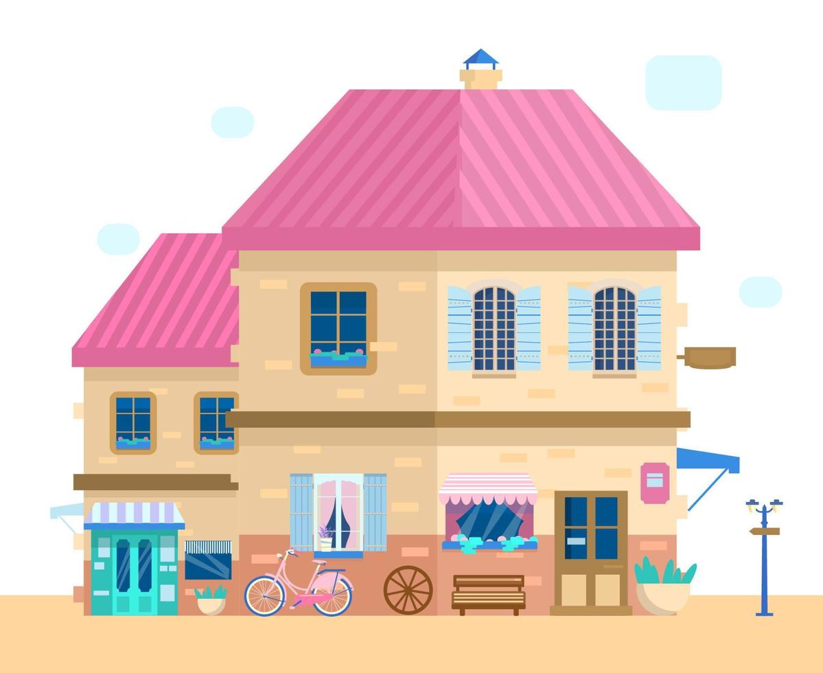 Vector illustration of cute European house with shuttered windows with flowers and different decoration elements.