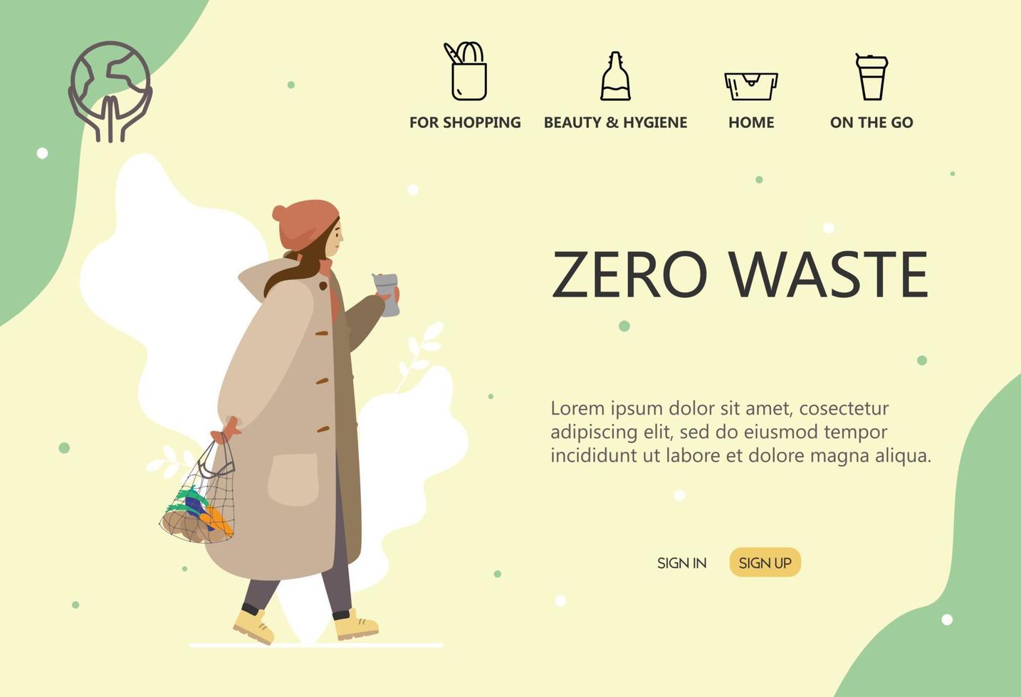 Zero waste internet shop concept. Landing page template. Web banner. Girl with string bag with vegetables. Eco life. Flat cartoon. vector