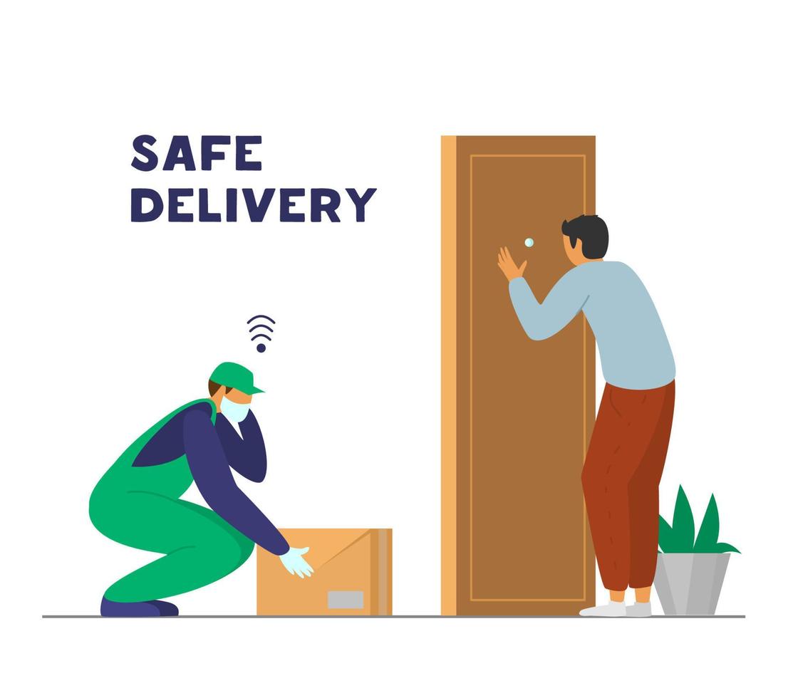 Contactless safe delivery. Courier in protective mask and gloves leaves box near door and inform customer who is looking to spy hole. Coronavirus outbreak. Flat vector illustration.