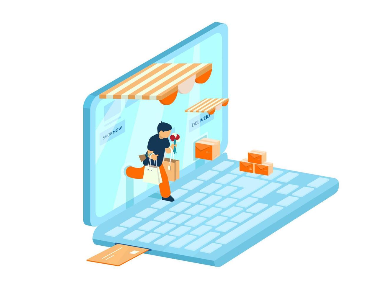 Vector isometric e-commerce concept. Online shopping concept. Man with purchases walks out from laptop.