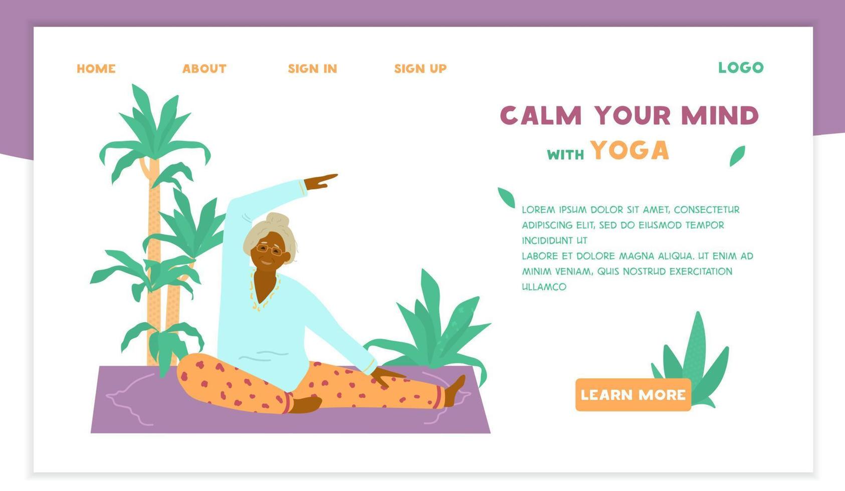 Yoga classes for the elderly website template. Old Afro american woman stretching on yoga mat. Active and healthy retirement. Flat vector design.