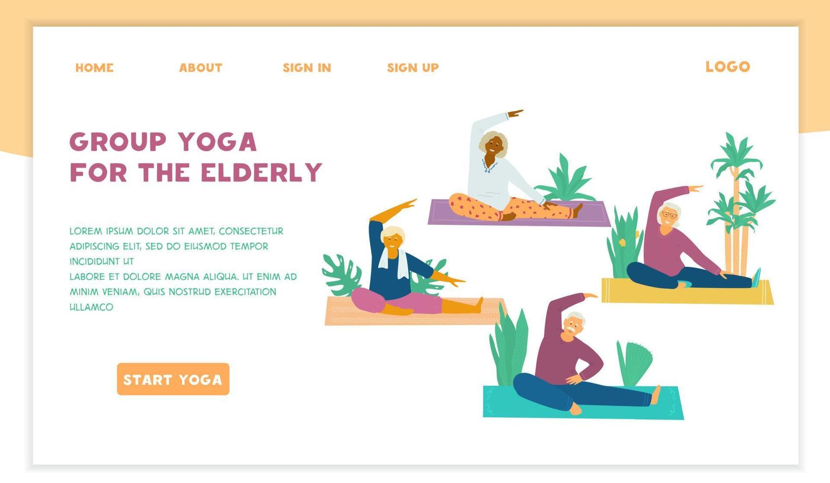Group Yoga class for seniors vector  website template.  Different races old people stretching on yoga mats surrounded with plants. Active and healthy retirement.
