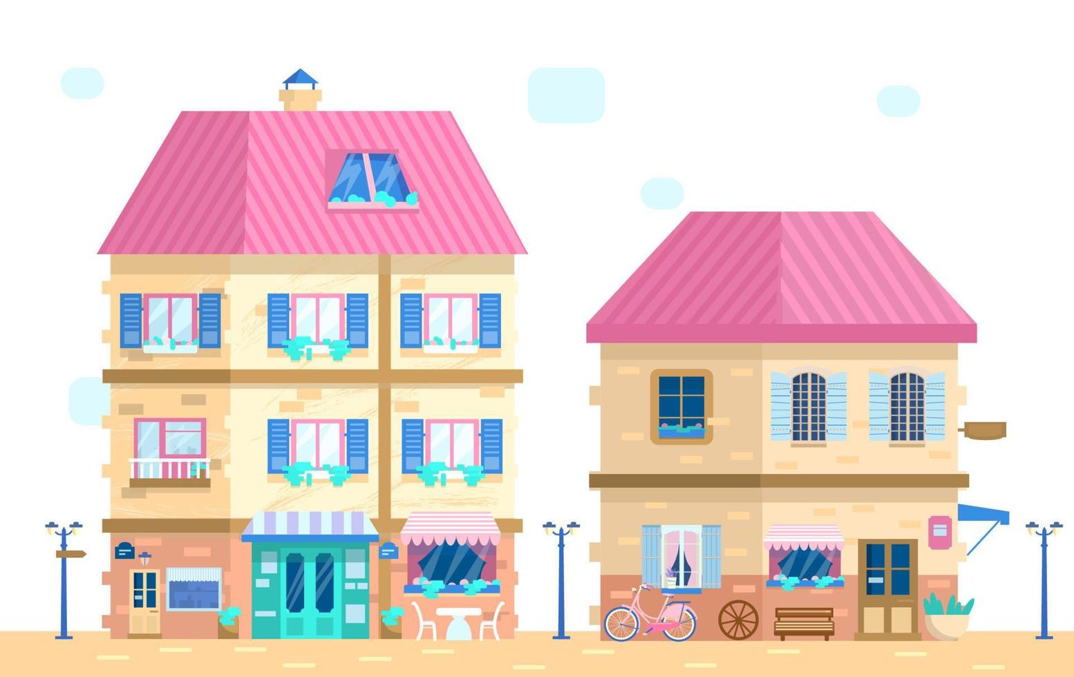 Vector illustration of cute European street in flat style. Houses with shuttered windows with flowers and different decoration elements.