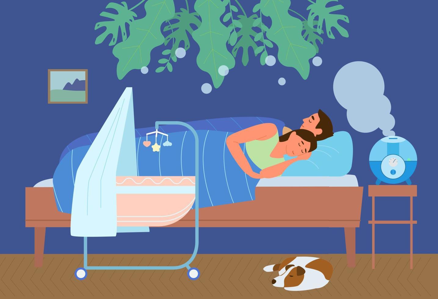 humidificador de aire ultrasónico que funciona en el dormitorio con la familia durmiendo. pareja en la cama cerca de la cuna, perro durmiendo. ilustración vectorial vector