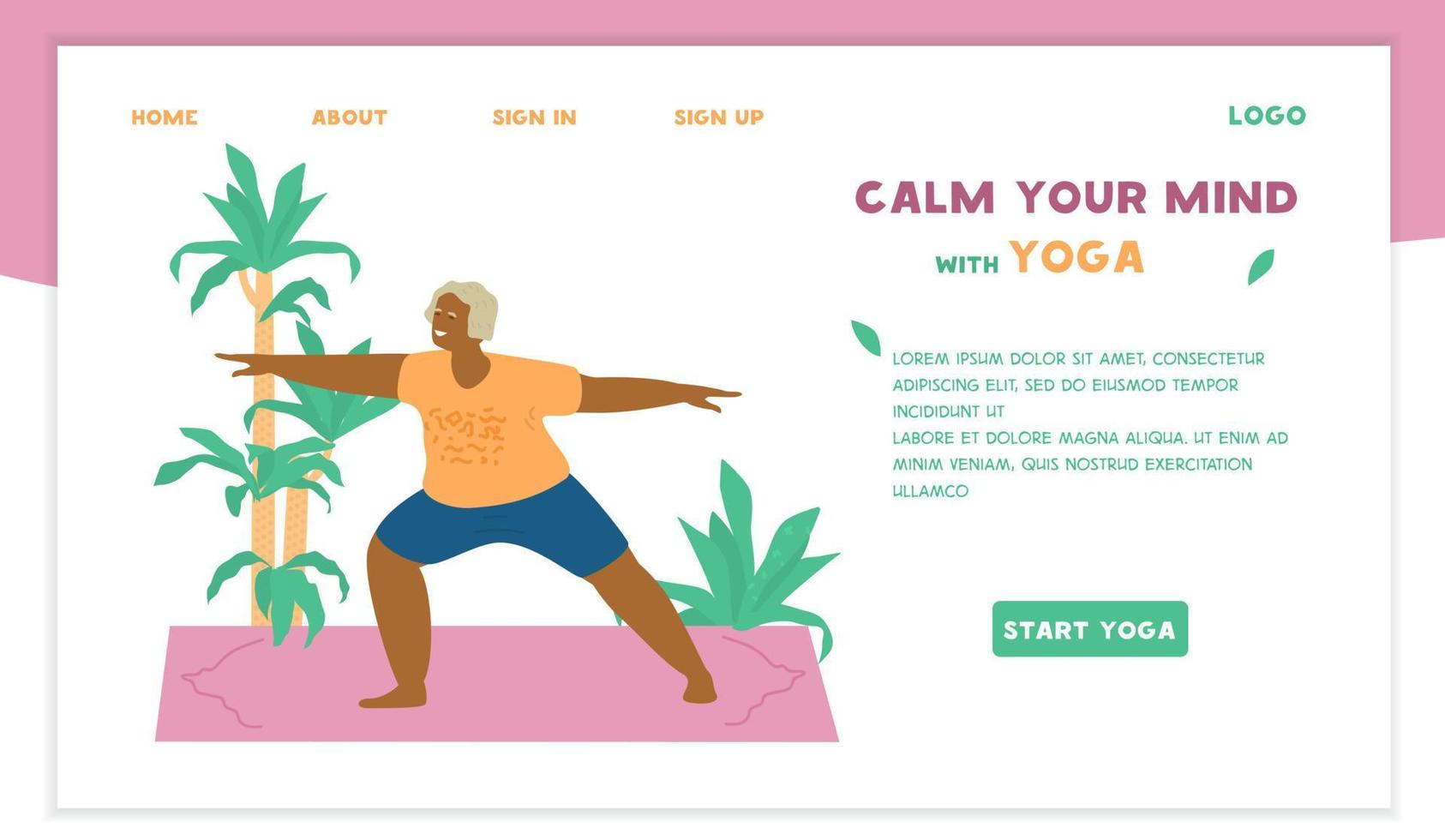 plantilla de sitio web vectorial de yoga para personas mayores. anciana afroamericana sonriente en pose guerrera practicando en colchoneta de yoga rodeada de plantas. pancarta motivacional para personas mayores. diseño plano. vector