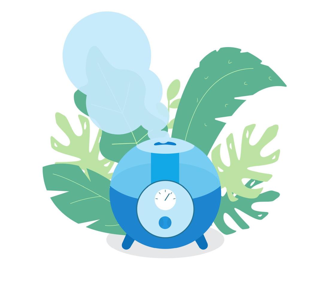 Round Ultrasonic Air Humidifier Working Surrounded With Tropical Leaves. Vector Illustration.