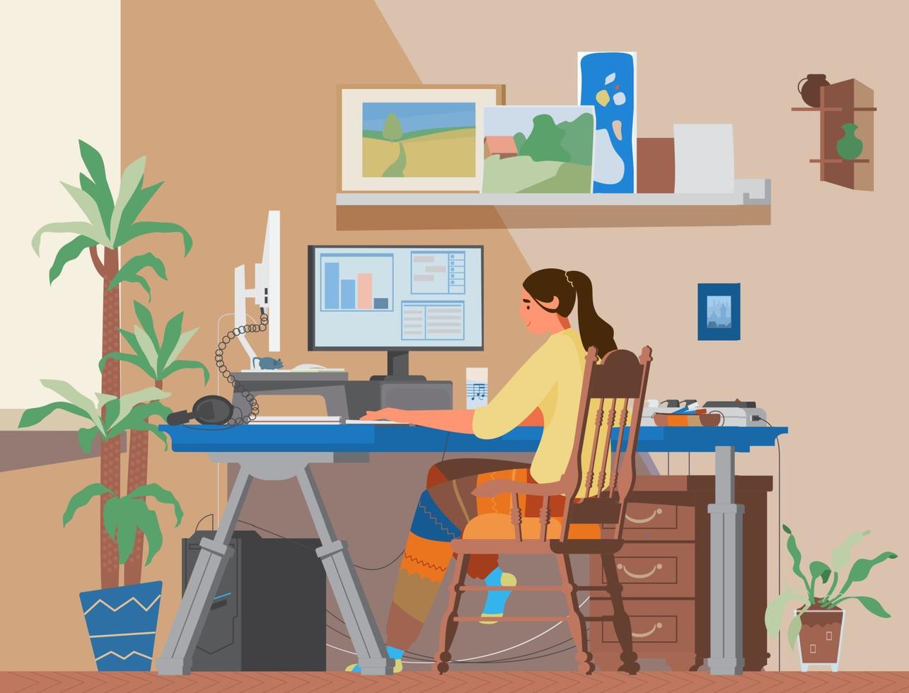 Flat Vector Illustration Woman Freelancer At Remote Job At Home Office Working Place. Girl Working Or Studying At Computer At Home. Creative Working Place.