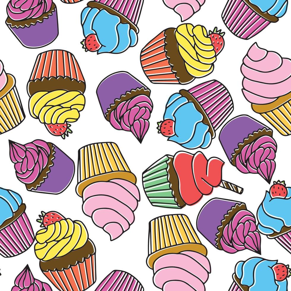 Seamless pattern with cupcake or muffins. Hand draw color sweet outline line art deserts. Vector illustration.