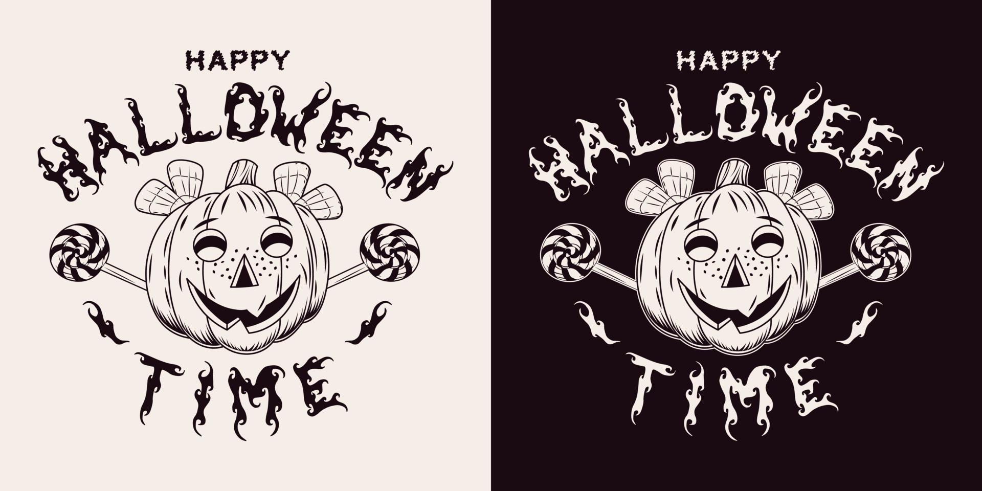emblema monocromático vintage con texto tiempo de halloween, dulces, cabeza de calabaza como cara de niña traviesa con pecas. ilustración sobre un fondo blanco y oscuro vector