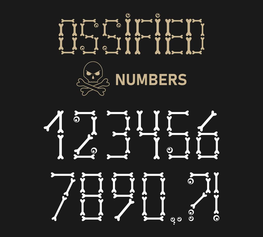 Numbers 0, 1, 2, 3, 4, 5, 6, 7, 8, 9 made of bones for Halloween, Dia de los Muertos holidays design. Set with question mark, exclamation point, comma. White symbols on black background. vector