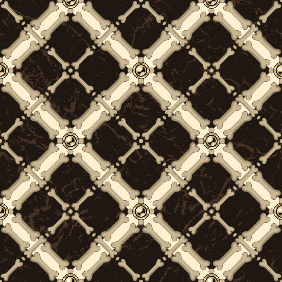 Checkered pattern with rhombus grid of bones, distressed wood textured squares, golden beads. Classical argyle vector seamless background for Halloween, Dia de Muertos decoration.