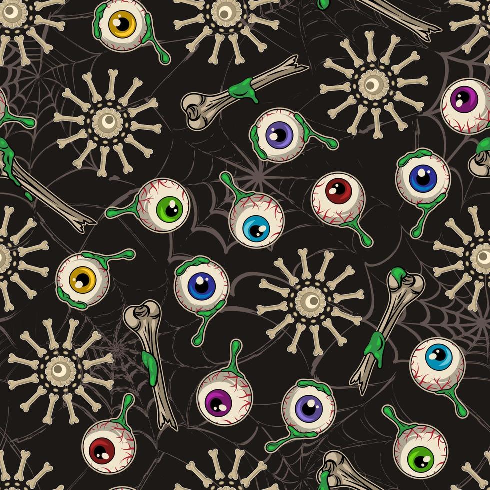 Halloween pattern with human eyeballs, bones, drops of green snots, slime, grunge silhouette of spiderweb behind. Bright yellow, pink, red, purple, blue colors of iris. Random composition. vector