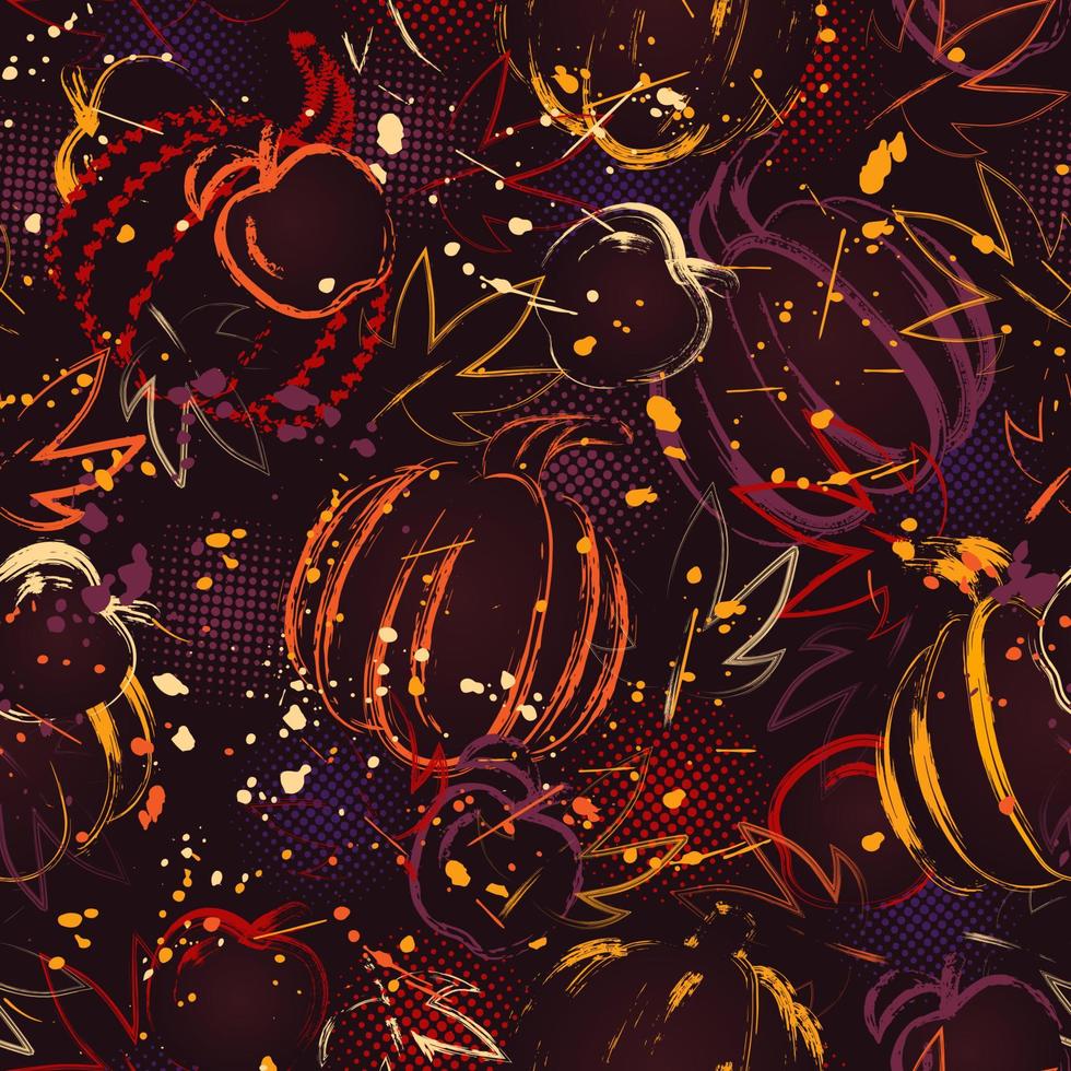 Seamless autumn pattern in grunge style with pumkins, apples, leaves, paint brush strokes, blots, round halftone shapes. Bright decoration for Thanksgiving day. Dense random chaotic composition. vector