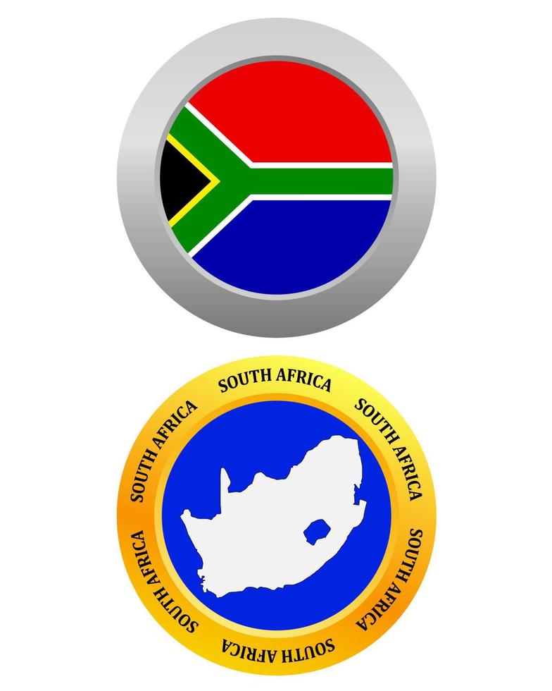 Botón como símbolo de la bandera y el mapa de Sudáfrica sobre un fondo blanco. vector
