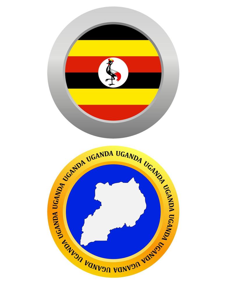 Botón como símbolo de la bandera y el mapa de Uganda sobre un fondo blanco. vector