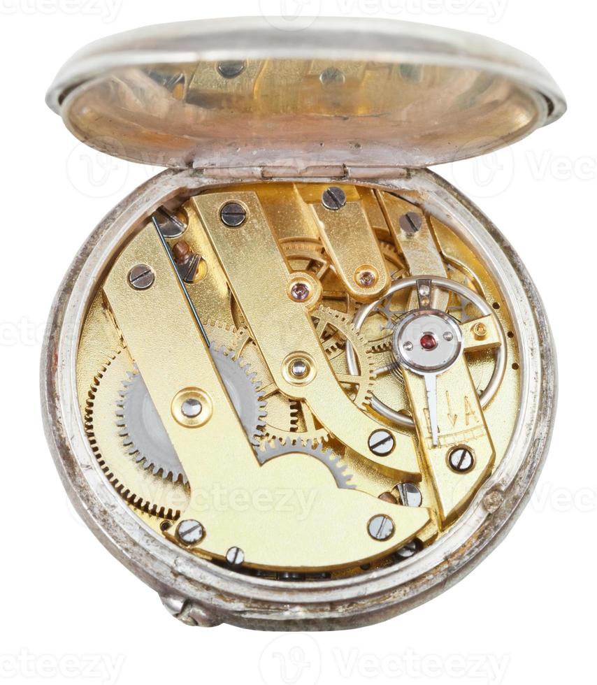 brass movement of retro silver pocket watch photo