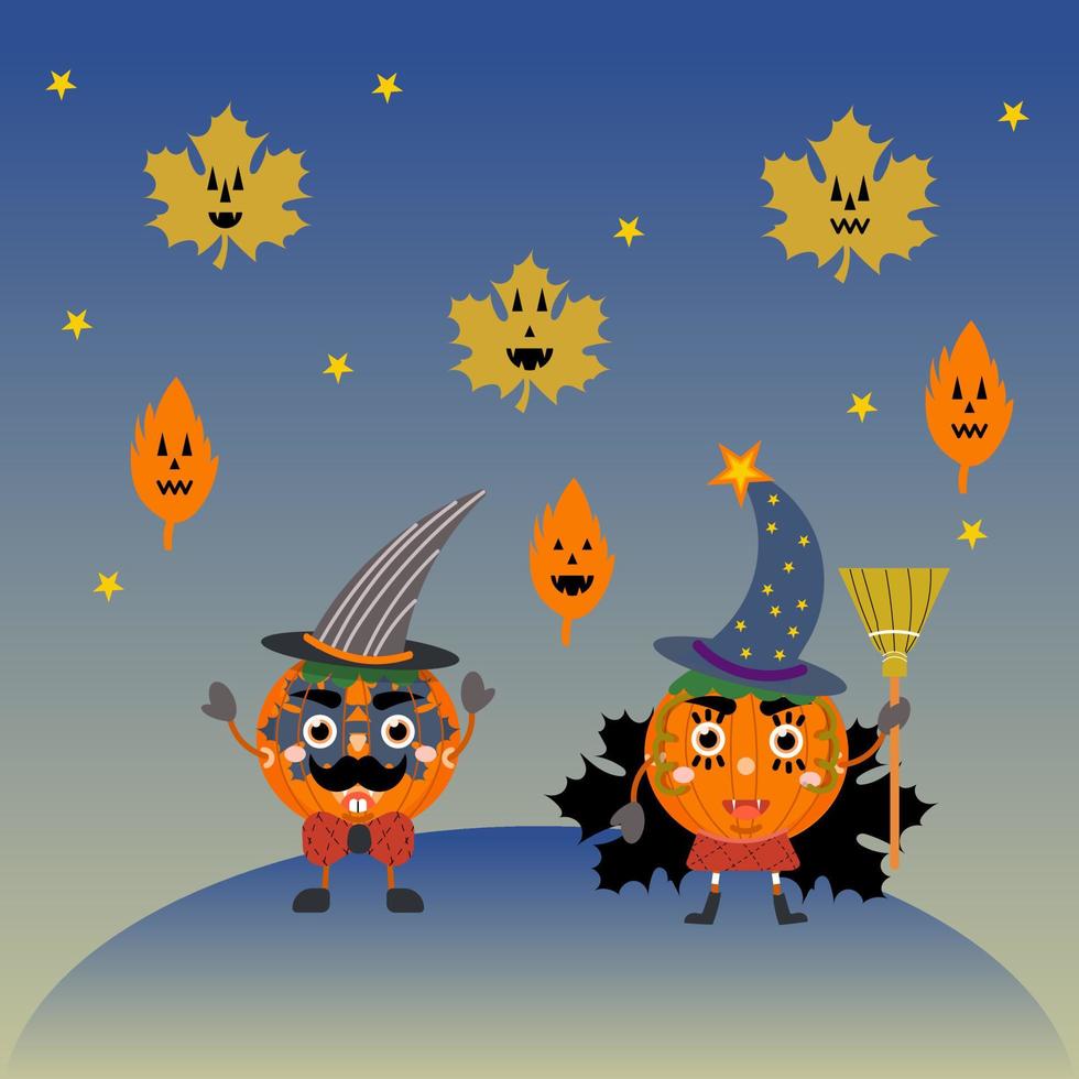 Happy halloween. Autumn time. Cute pumpkin vector characters on monster leaf and gradient background.