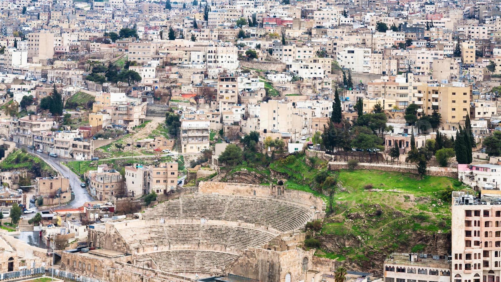 above view of ancient Roman Theater in Amman city photo