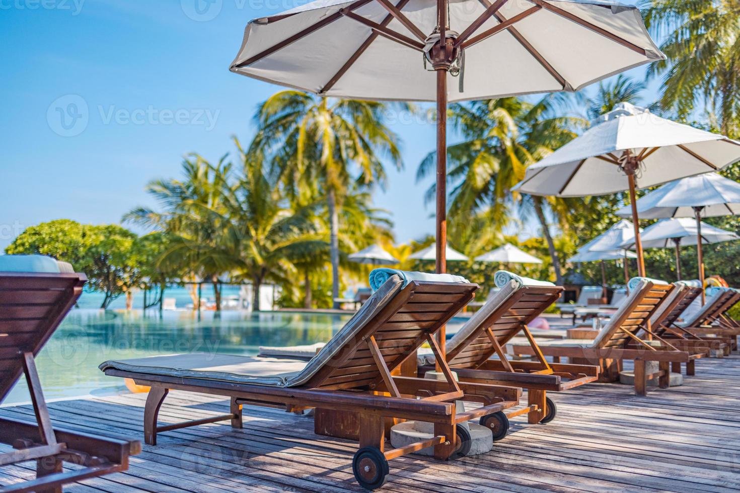 sombrillas y sillas alrededor de la piscina al aire libre en el hotel resort para un estilo de vida vacacional. concepto de destino de lujo, primer plano del salón escénico bajo palmeras, relajación, vibraciones tranquilas foto