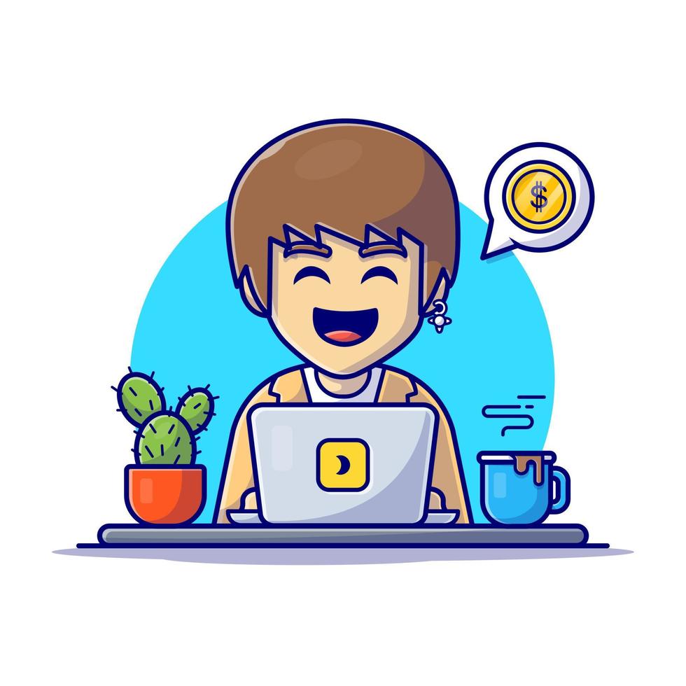 Male Operating Laptop With Coffee Cartoon Vector Icon Illustration. People Technology Icon Concept Isolated Premium Vector. Flat Cartoon Style