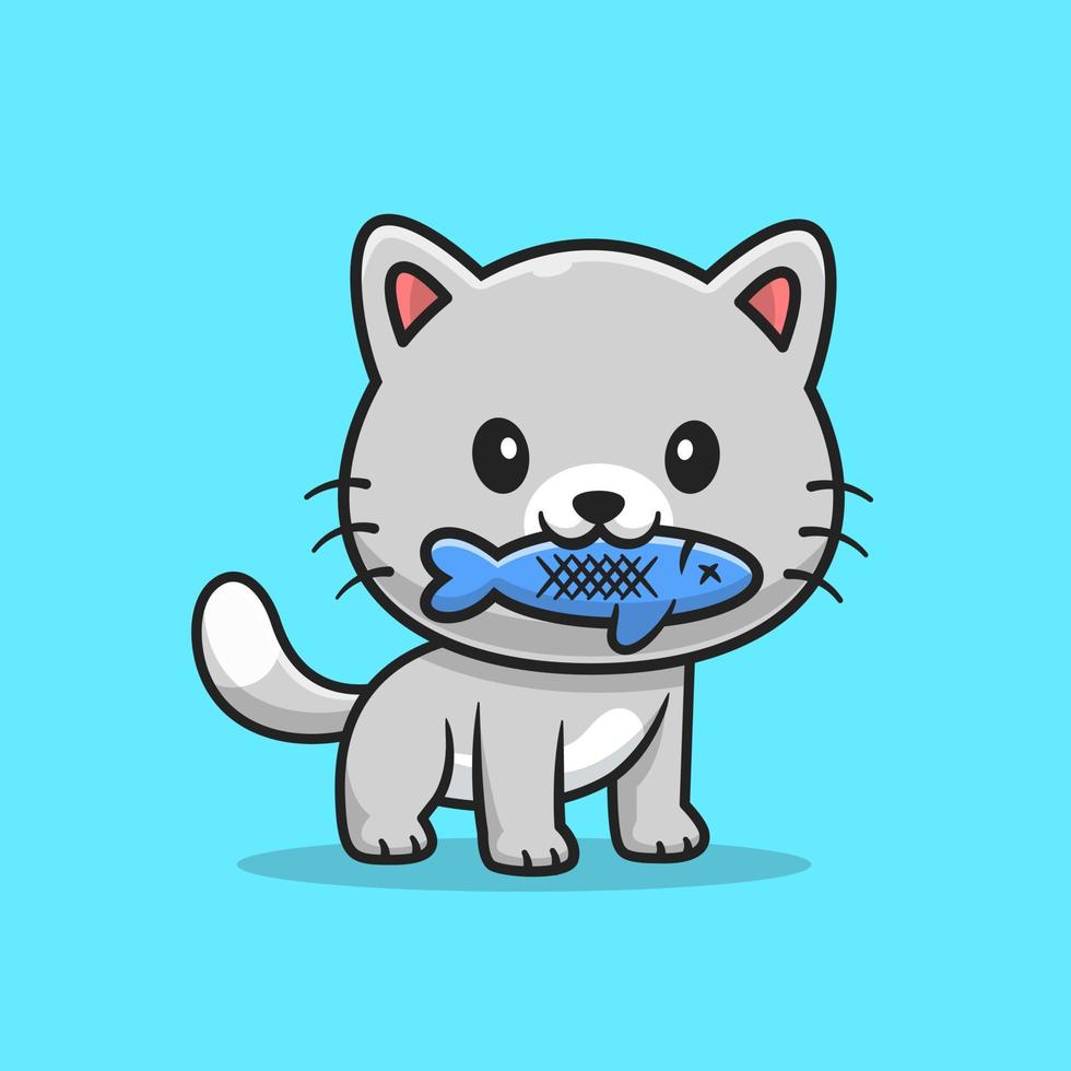 Cute Cat Bites Fish Cartoon Vector Icon Illustration. Animal Nature Icon Concept Isolated Premium Vector. Flat Cartoon Style