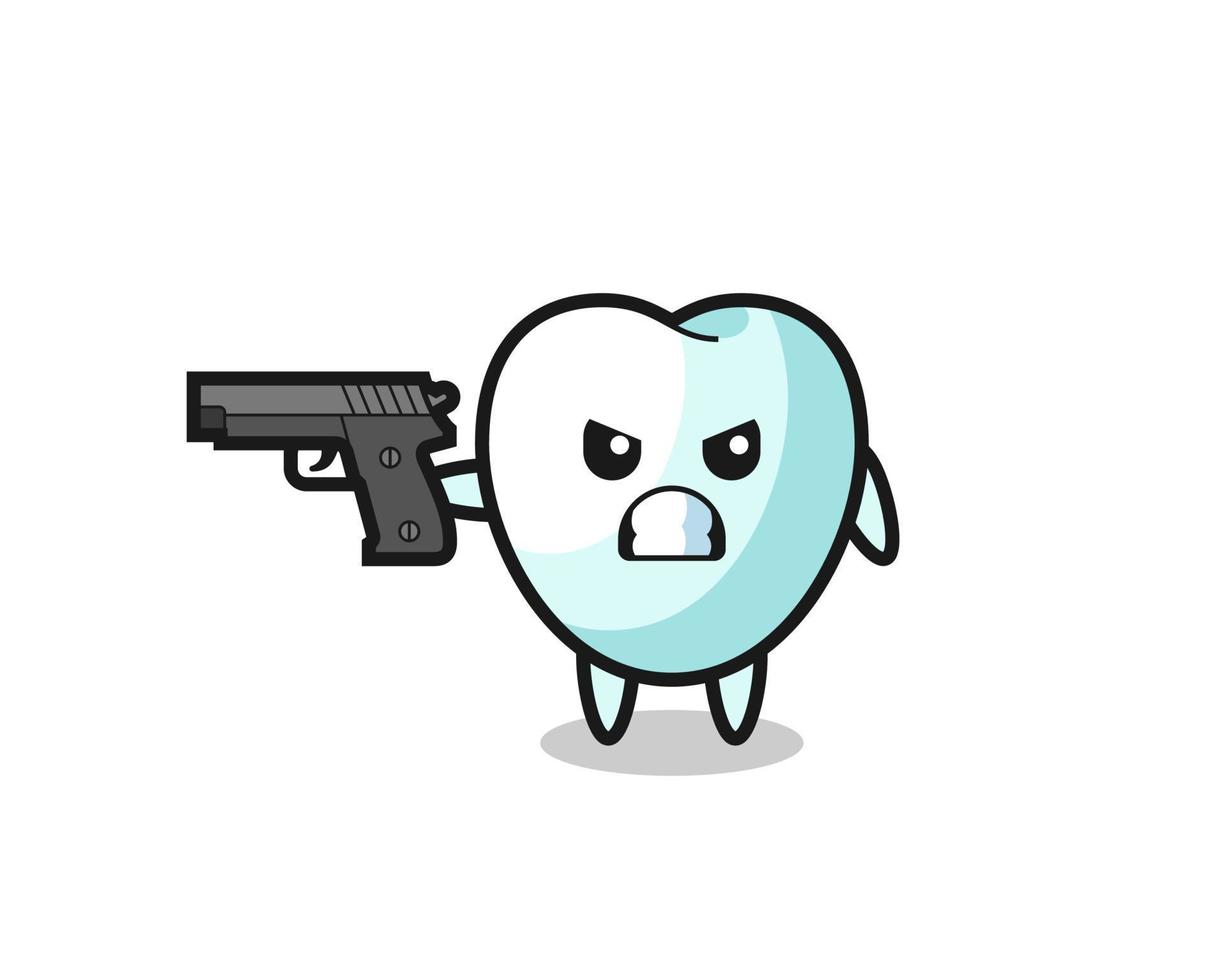 the cute tooth character shoot with a gun vector