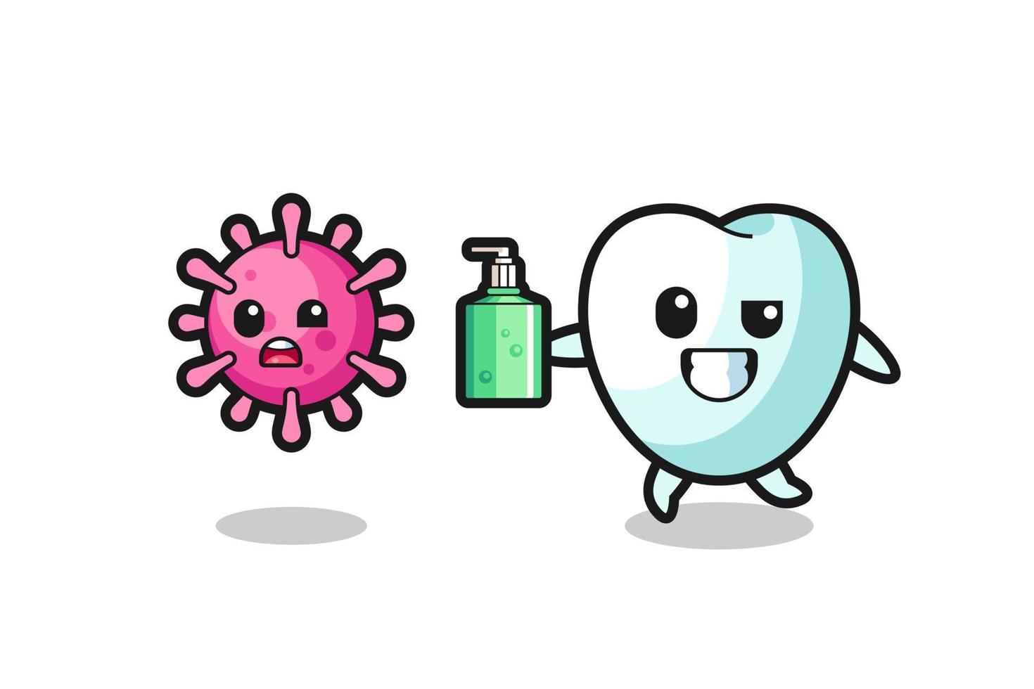 ilustración del personaje dental persiguiendo virus malvados con desinfectante de manos vector