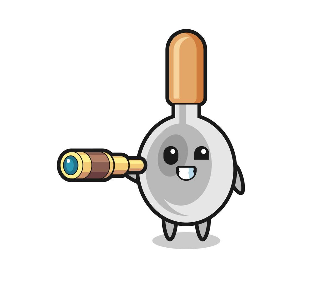 cute cooking spoon character is holding an old telescope vector