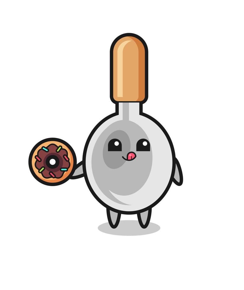 illustration of an cooking spoon character eating a doughnut vector