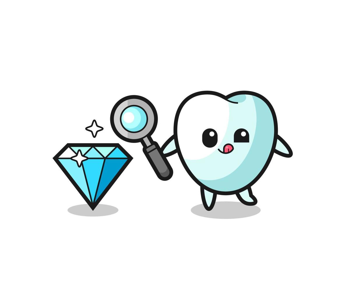 tooth mascot is checking the authenticity of a diamond vector