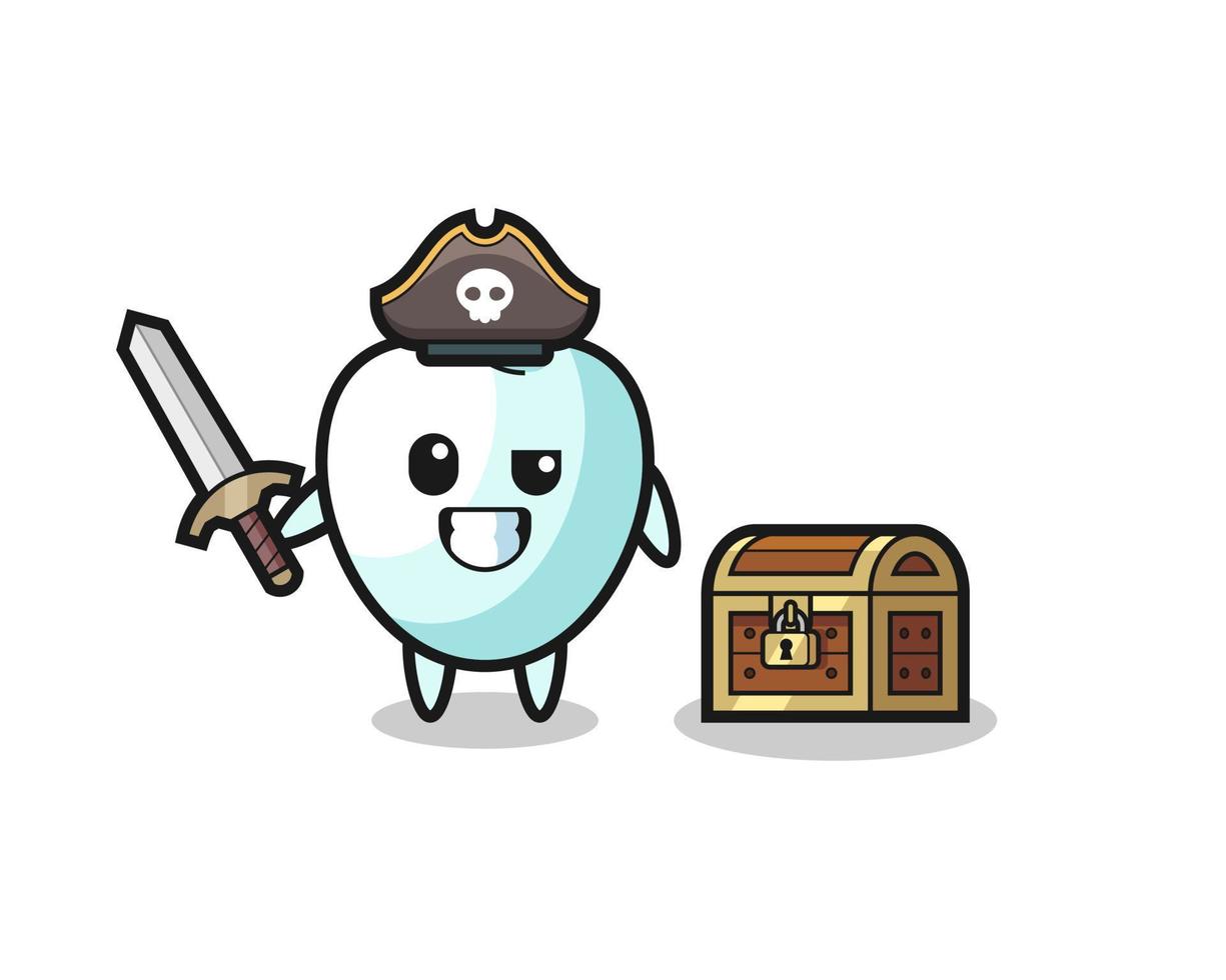 the tooth pirate character holding sword beside a treasure box vector