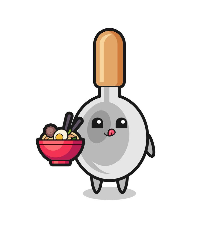 cute cooking spoon character eating noodles vector