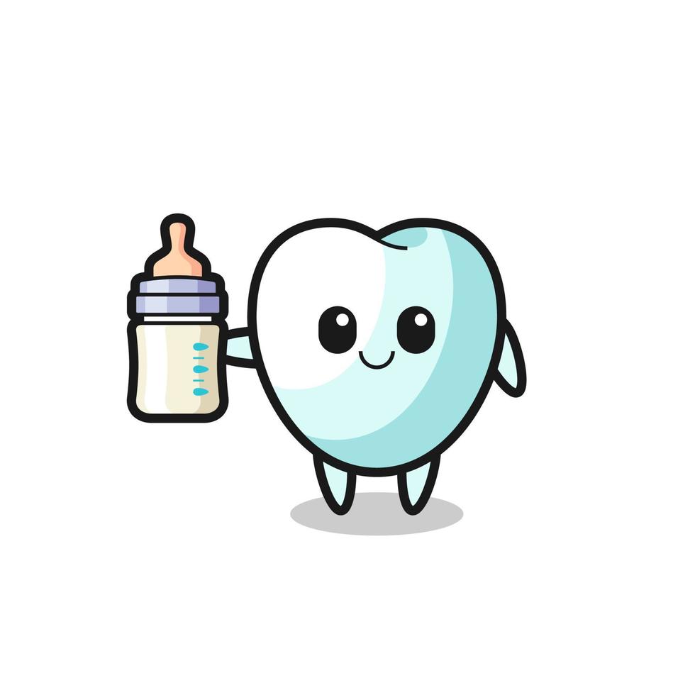 baby tooth cartoon character with milk bottle vector