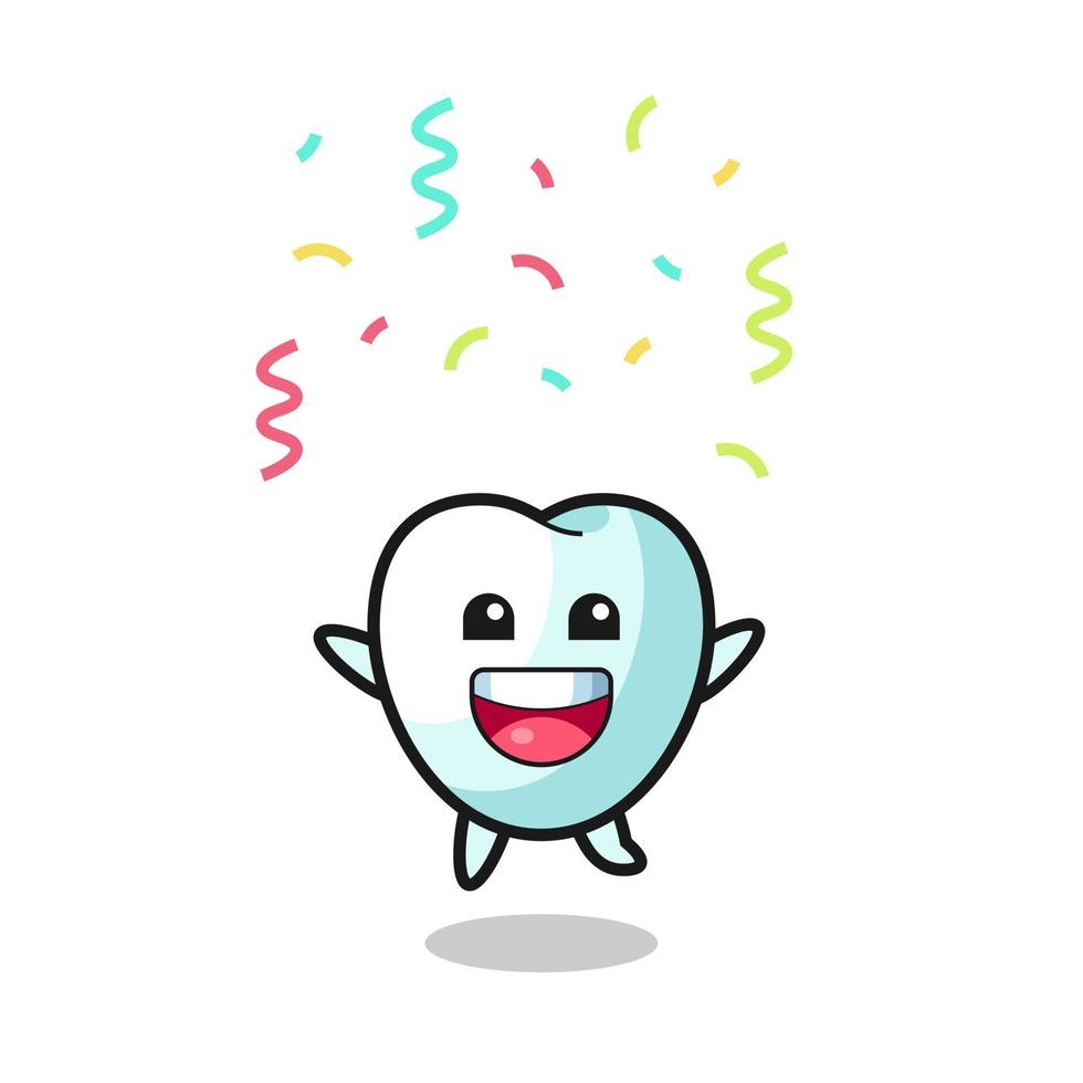 happy tooth mascot jumping for congratulation with colour confetti vector