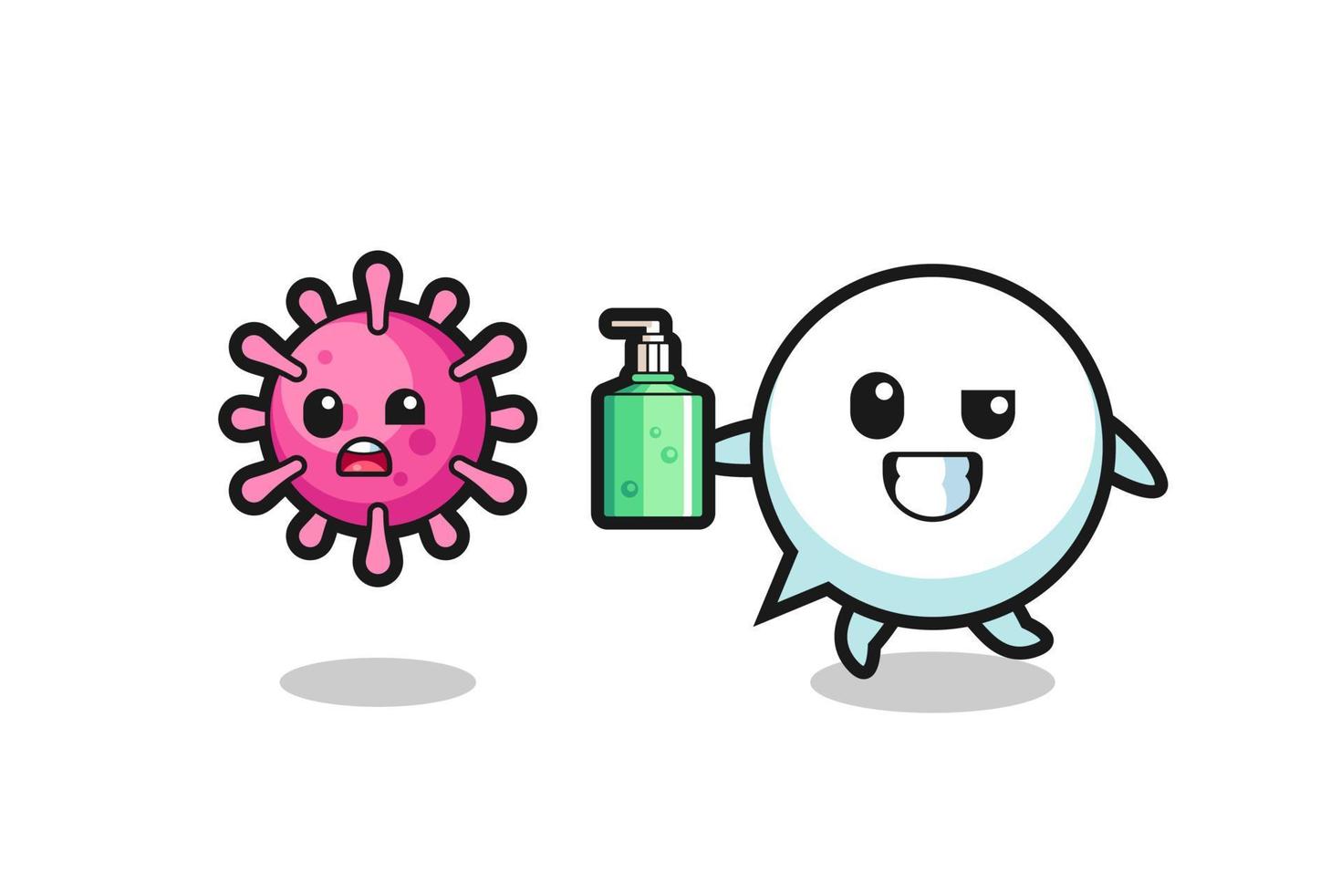 illustration of speech bubble character chasing evil virus with hand sanitizer vector