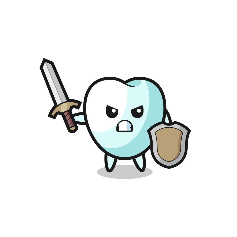 cute tooth soldier fighting with sword and shield vector