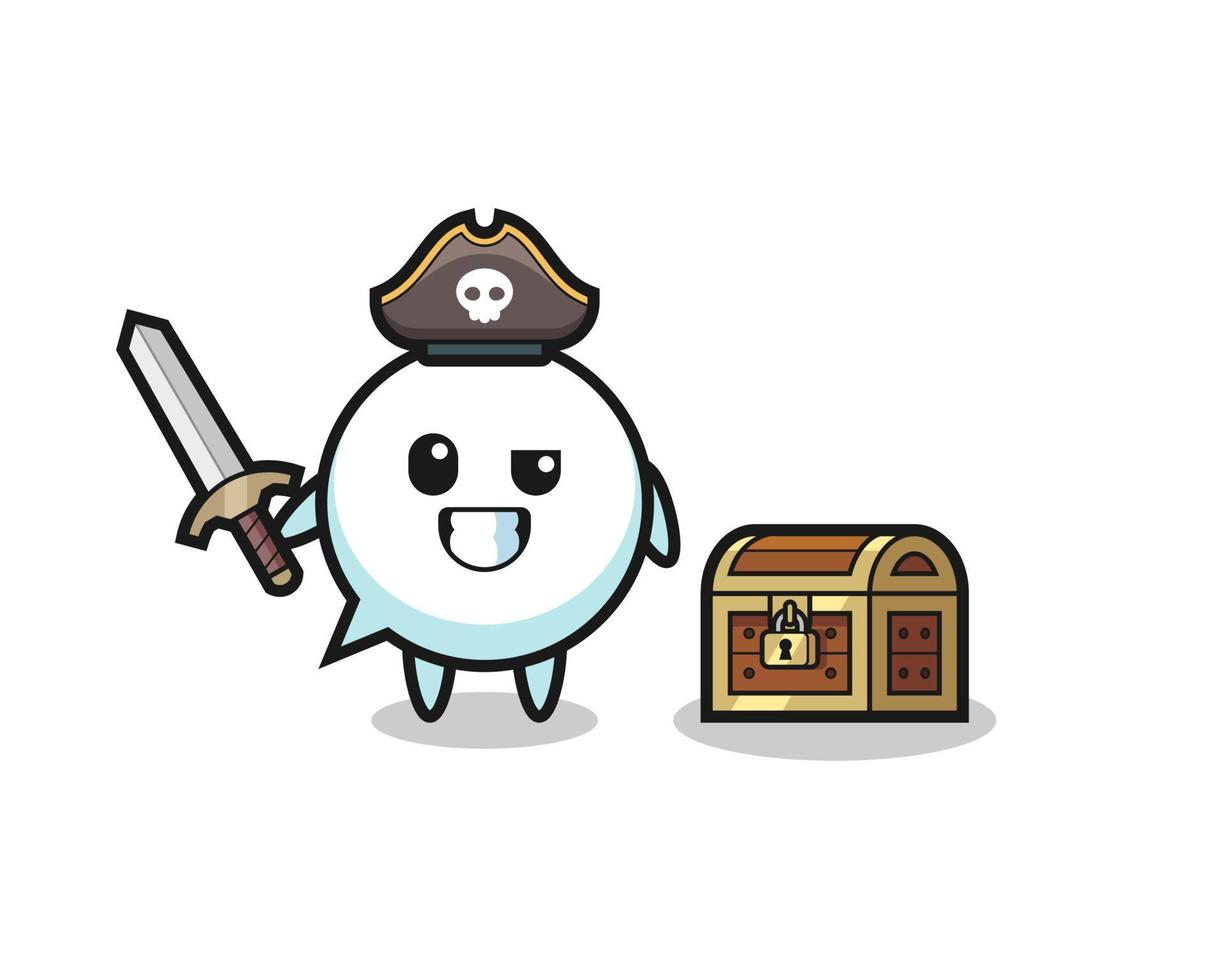 the speech bubble pirate character holding sword beside a treasure box vector