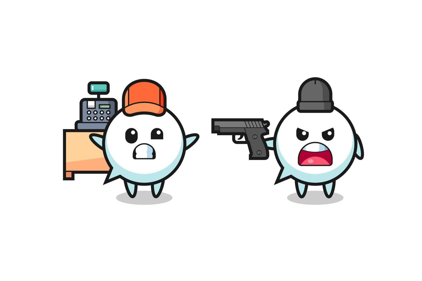 illustration of the cute speech bubble as a cashier is pointed a gun by a robber vector