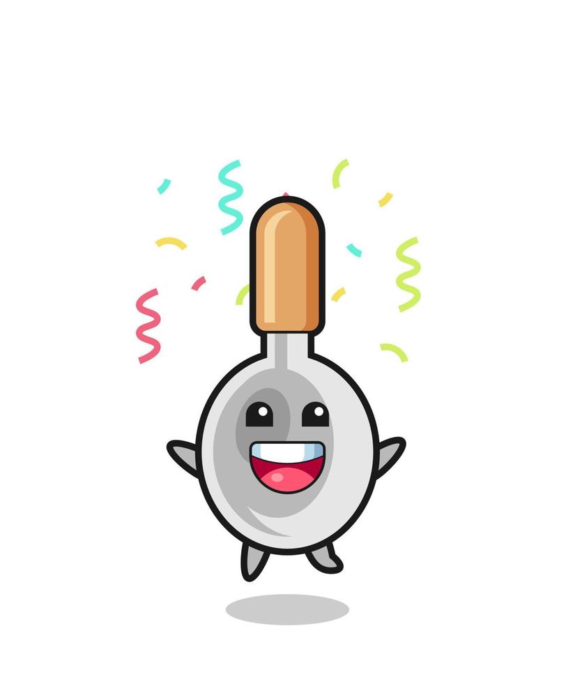 mascota de cuchara de cocina feliz saltando para felicitaciones con confeti de color vector