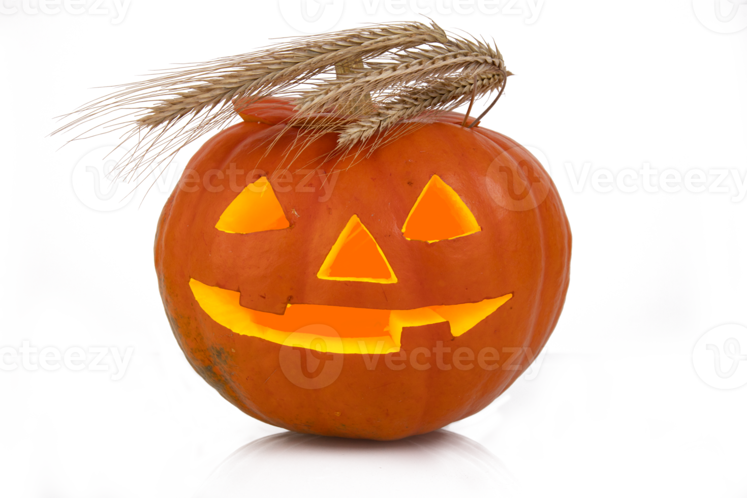 citrouille de vacances orange avec yeux brillants, nez, bouche et épillets de blé sous forme de cheveux. notion d'Halloween. arrière-plan transparent. png