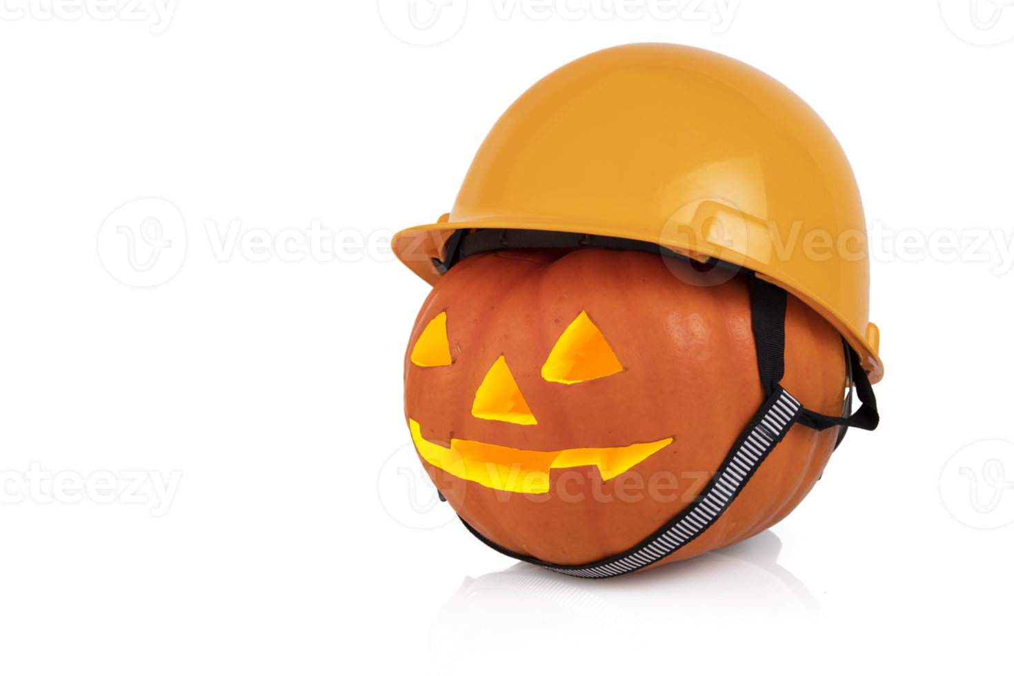 Orange pumpkin with glowing eyes in a yellow construction helmet, hard hat. Halloween concept. Transparent background. PNG