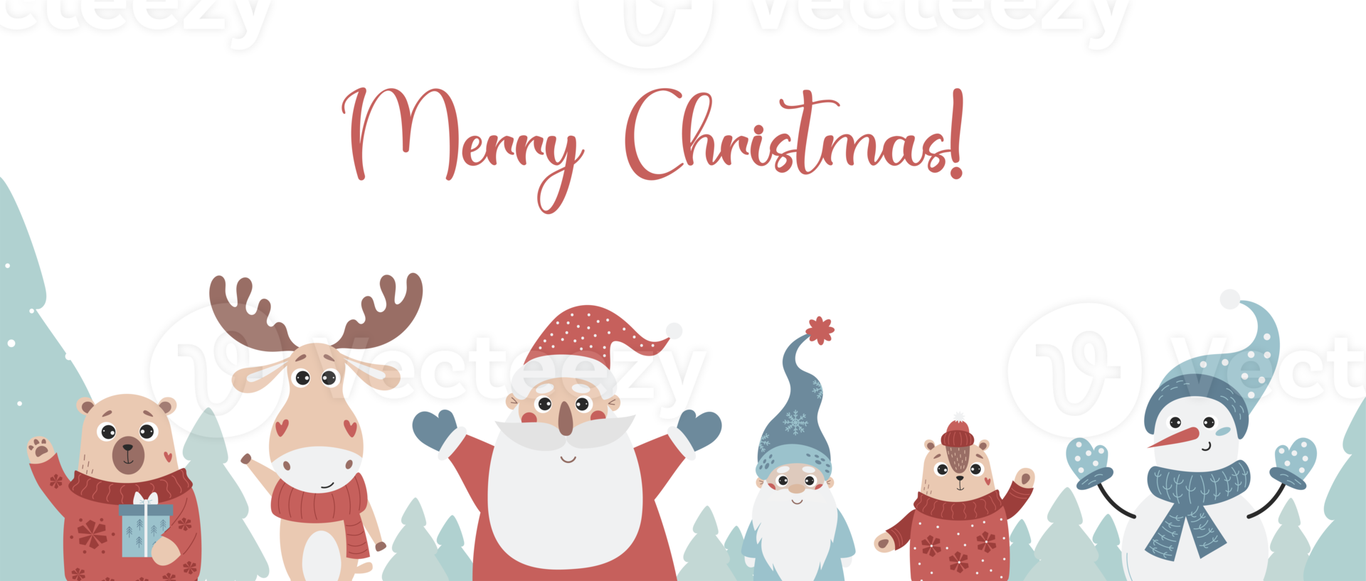 Kerstmis poster met schattig tekenfilm tekens de kerstman claus, sneeuwman, fee kabouter, grappig dieren beer met geschenk, hert en chipmunk Aan besneeuwd achtergrond. horizontaal illustratie vrolijk Kerstmis png