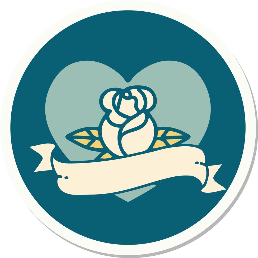 sticker of tattoo in traditional style of a heart rose and banner vector